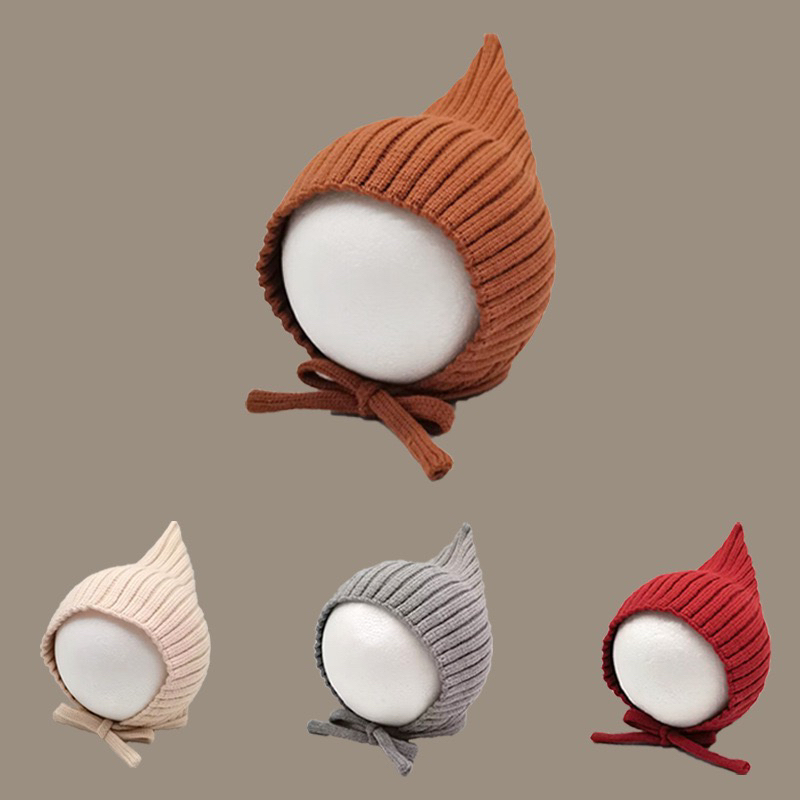 婴儿帽子秋冬季宝宝针织一体尖头护耳帽男女童系带