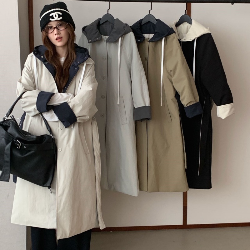 秋冬女士风衣式撞色连帽长款羽绒服时尚百搭拼色帽外套