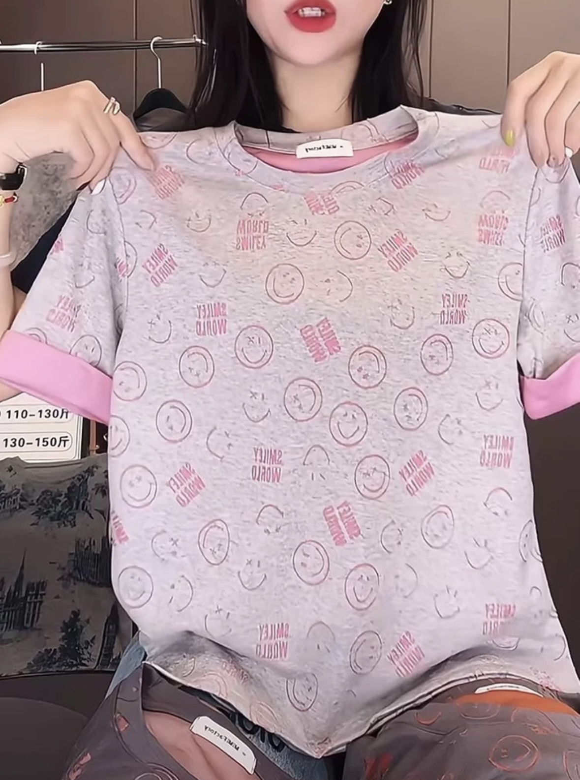 大码高级感灰色正肩短袖女夏季2025新款设计感欧货笑脸衣服2029