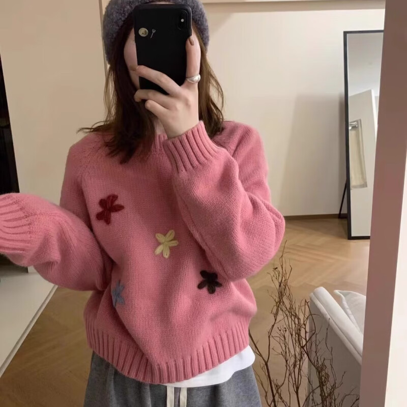 韩系立体花朵温柔风套头毛衣女2025春秋宽松软糯减龄百搭针织上衣