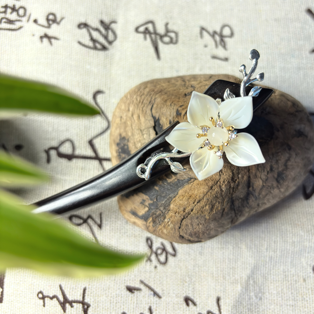 原创百搭中式国风黑檀木发簪天然深海白贝旗袍民族风精致发饰盘发