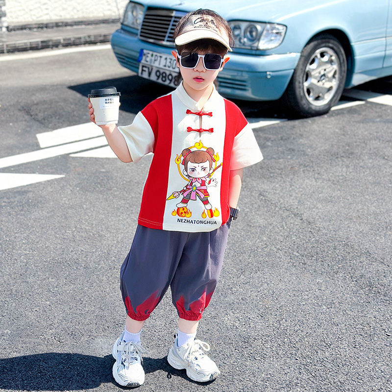 男童唐装儿童新中式汉服两件套2025夏季卡通国风短袖哪吒休闲套装