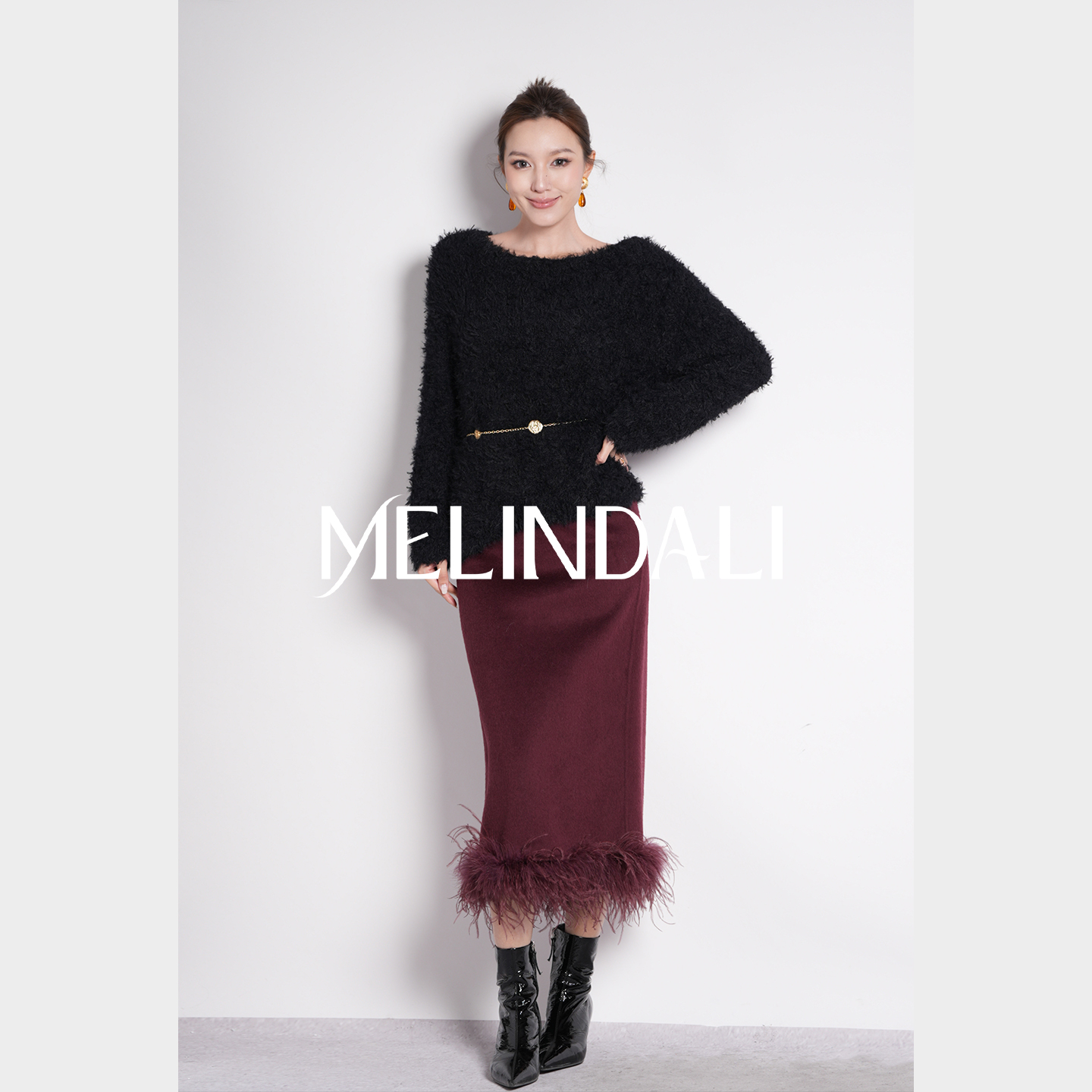 Melinda Li【贵奢女神】圣诞年会绵羊毛桑蚕丝骆驼绒定染色直筒半裙