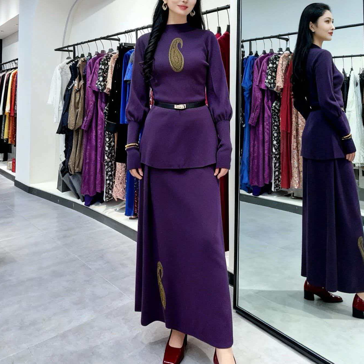 定制款女士秋冬时尚显瘦针织上衣半裙套装