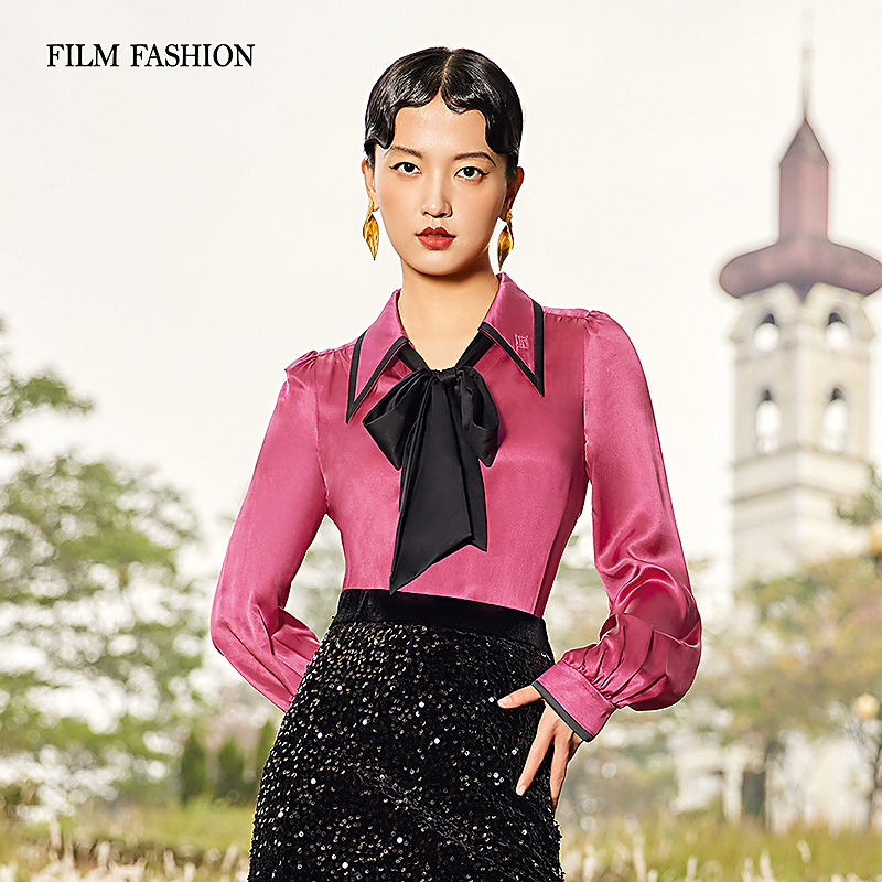 【珊珊专属】春季复古翻领气质飘带漂亮三醋酸衬衫女士 FEIS134527