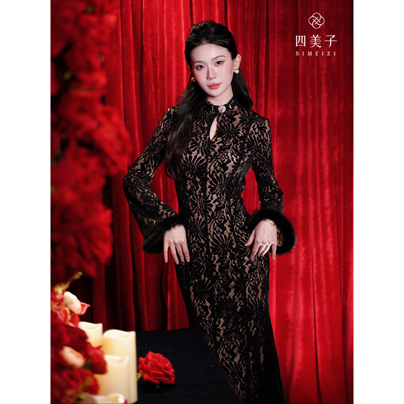 四美子【烟雨墨】冬季新款新中式加厚加绒蕾丝真兔毛改良旗袍连衣裙