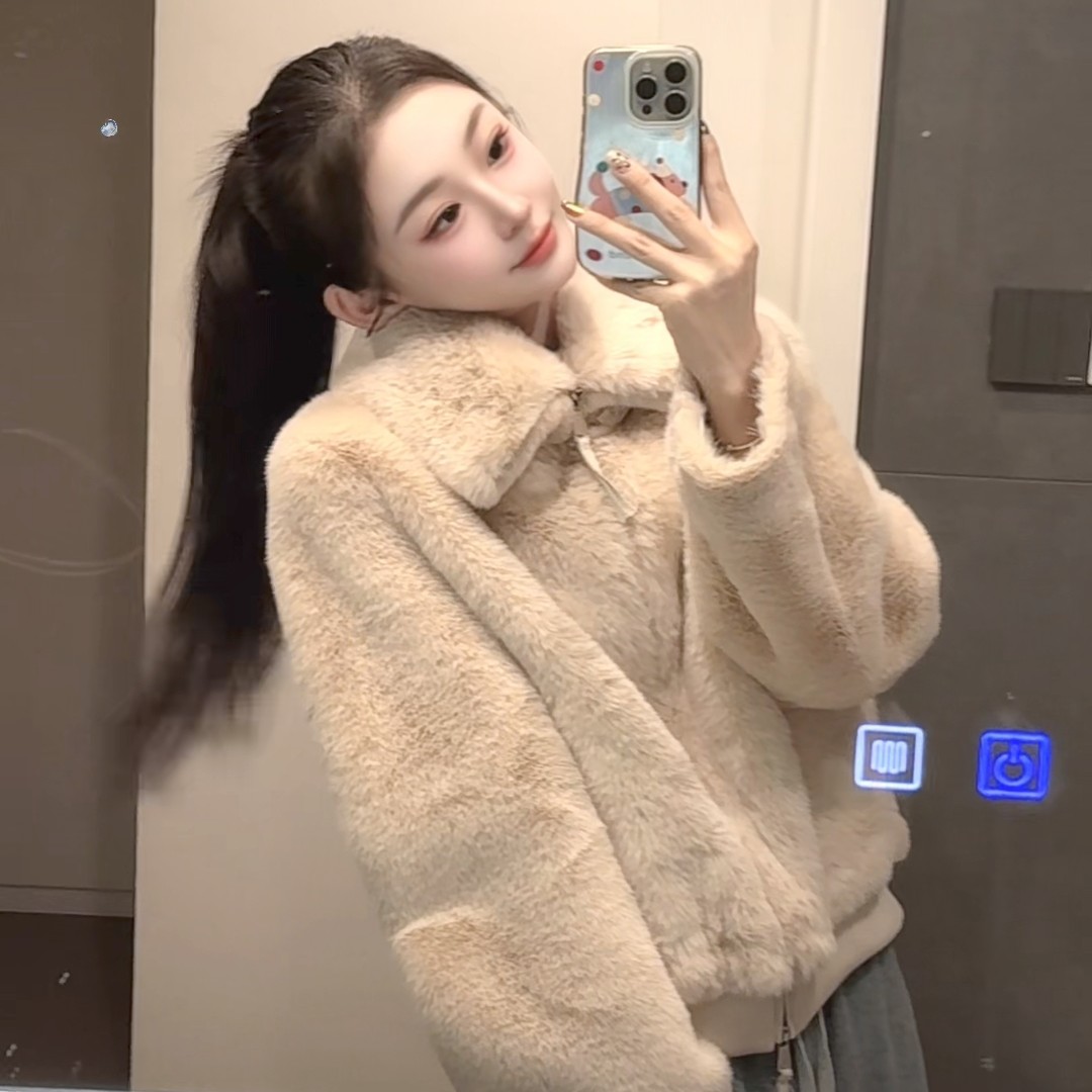 《棠凃》2025蓉蓉家秋冬新款仿兔毛外套时尚气质立领两色上衣