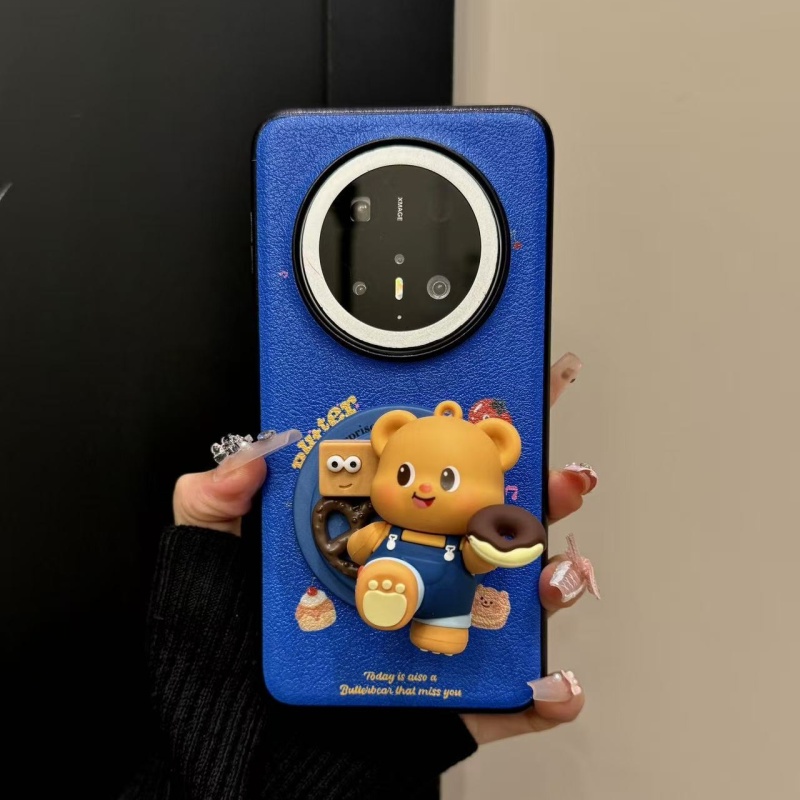 适用华为mate70pro手机壳苹果16promax韩系黄油小熊深蓝色底皮纹
