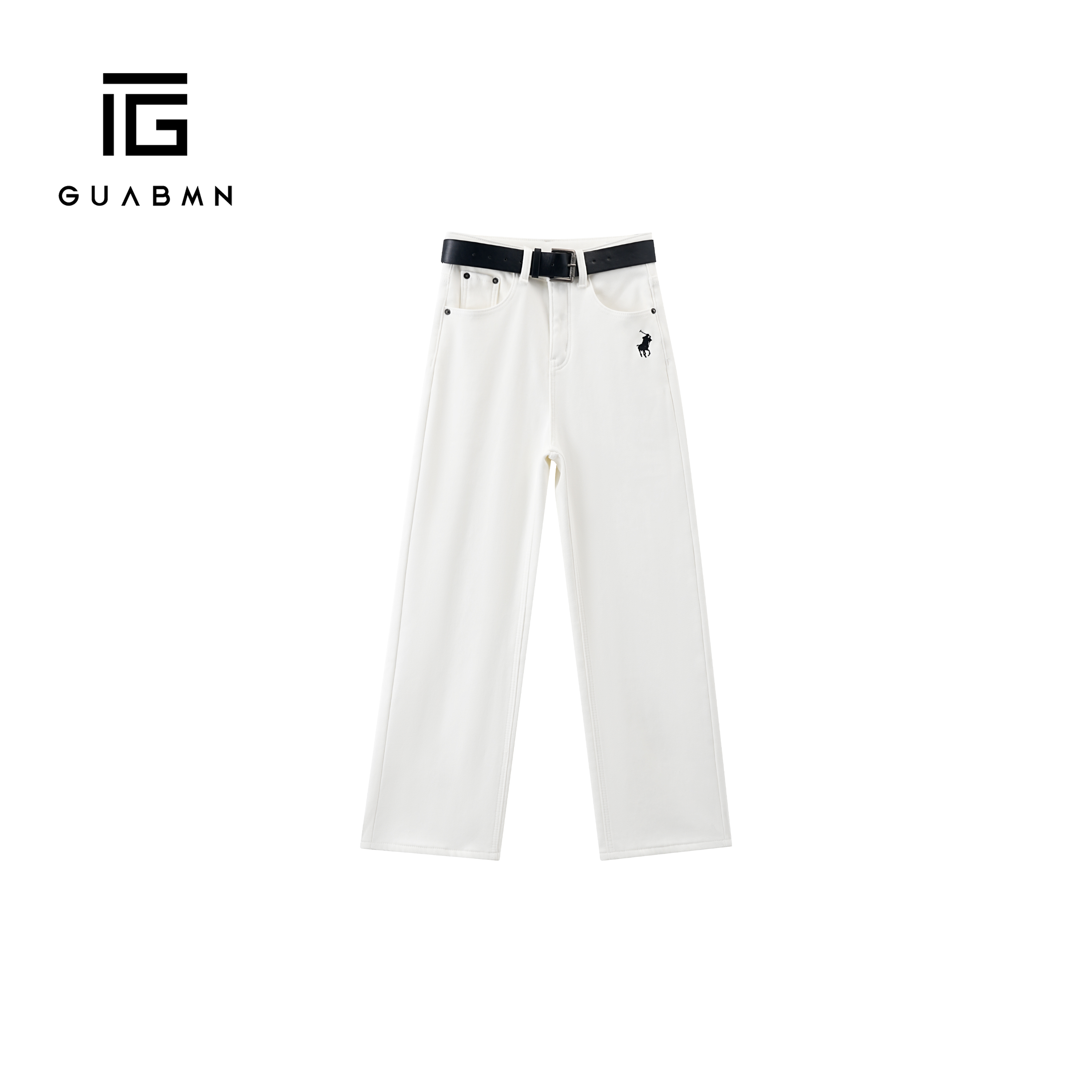 GUABMN2025冬季新款复古小马刺绣高腰加绒长裤休闲百搭牛仔裤5986