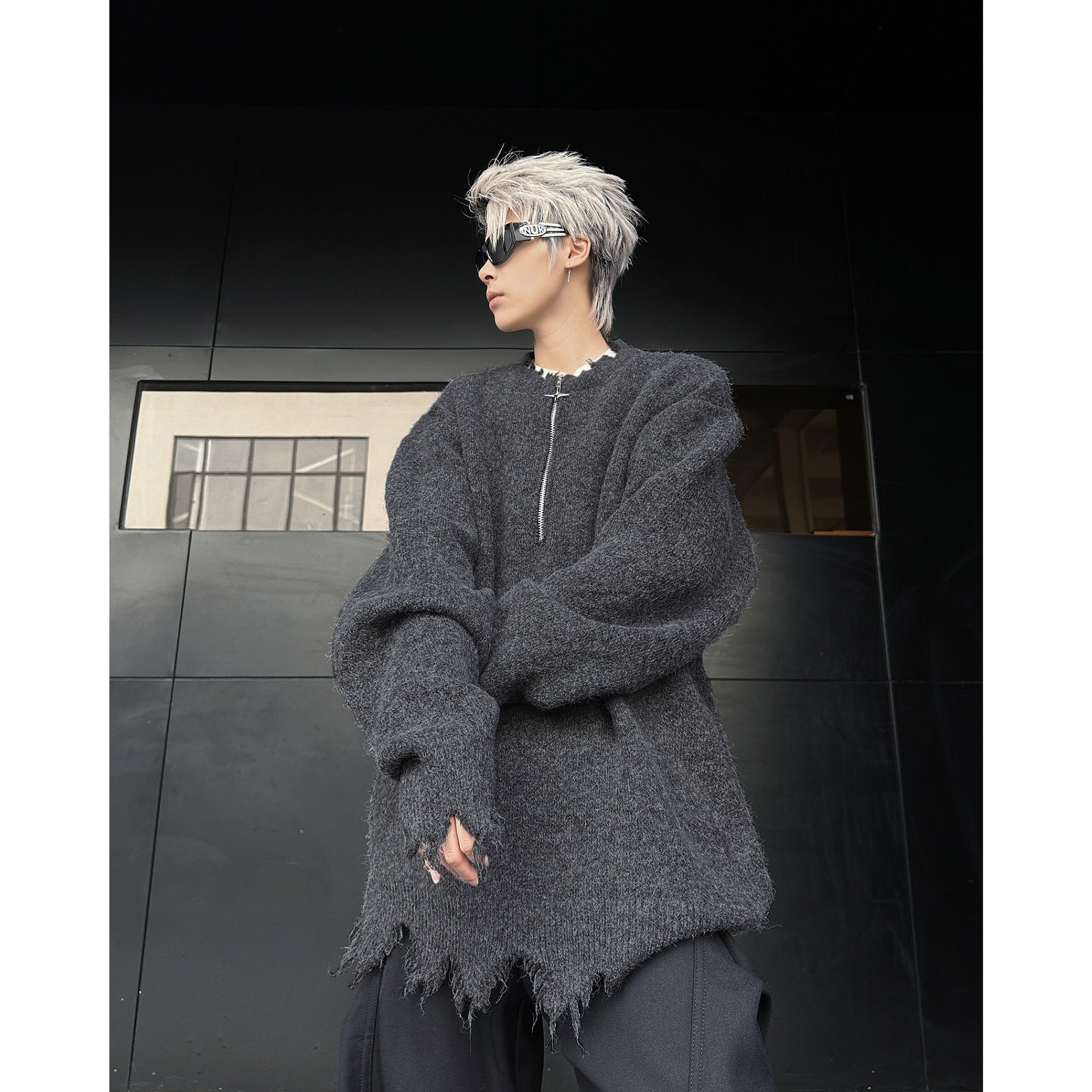 打底衫爆款废土风半拉链破损复古男秋冬宽松街头设计感针织衫