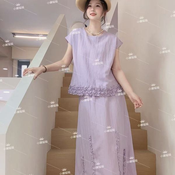 小雅姐姐 韩版简约花边设计松弛慵懒百搭休闲套装IX12