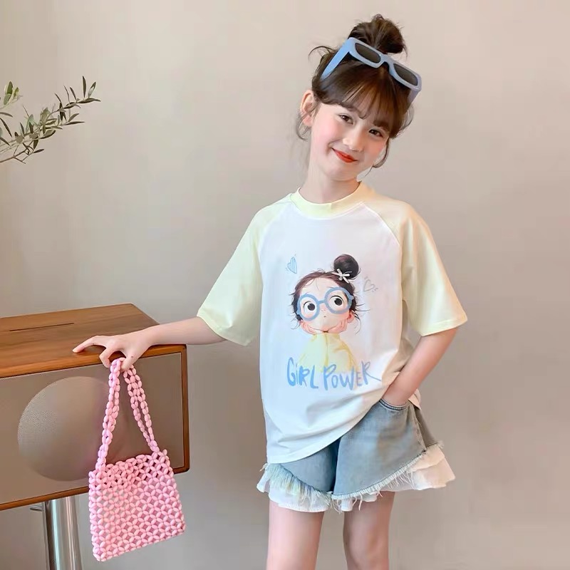 【断码清货】2025夏洋气拼色丸子女孩短袖T恤(100%棉) D375 375  X