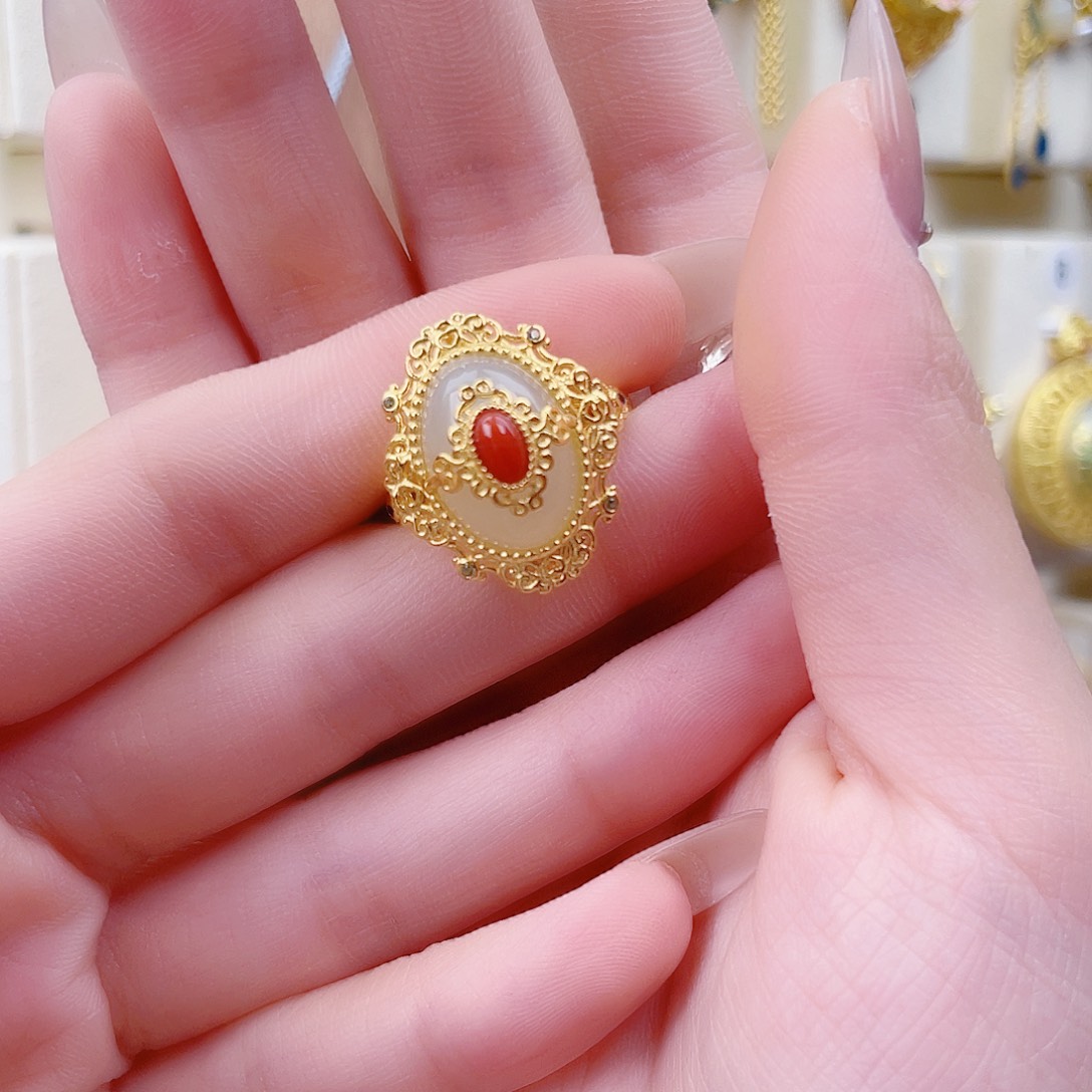 和田玉银S925镀金镶嵌戒指