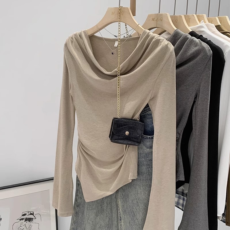 官图1*1莫代尔200克长袖T恤女春秋薄不规则口水领纯色打底衫上衣
