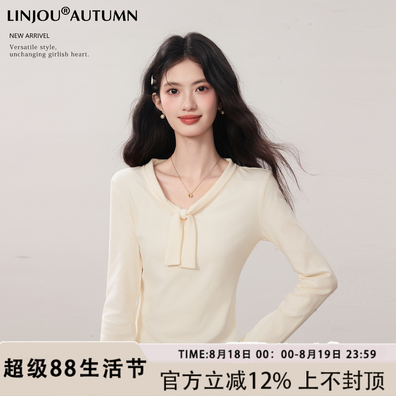玲玖《奶油飘带》韩系穿搭设计感绑带针织打底衫女春秋长袖上衣