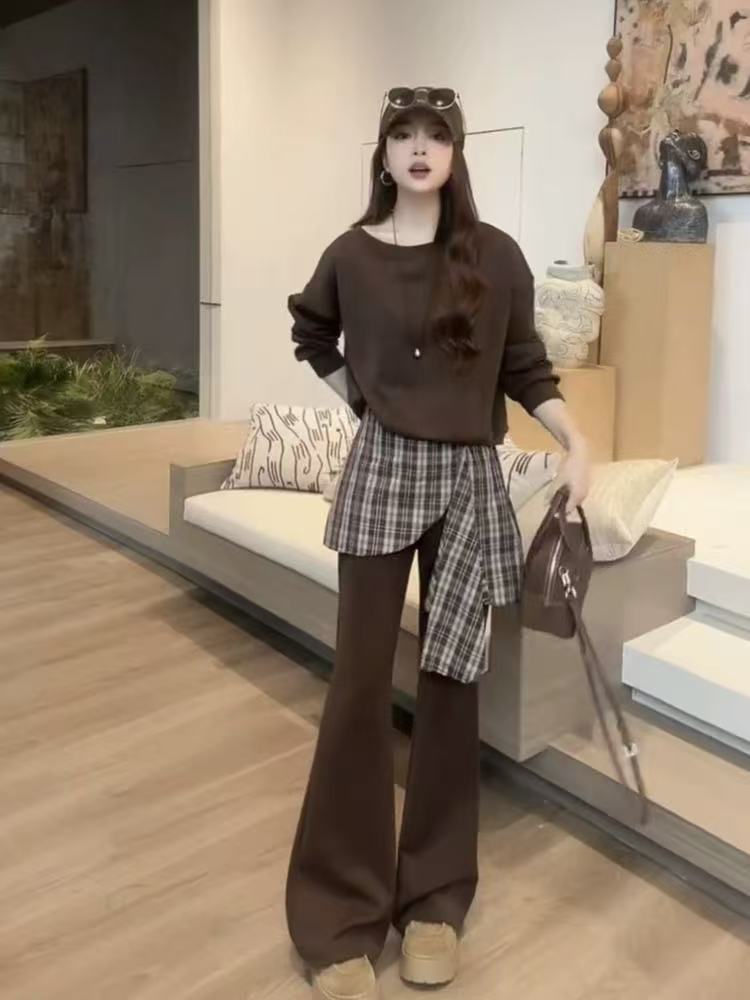 2025秋季新款高级感气质长袖卫衣搭休闲格子微喇裤套装女3065