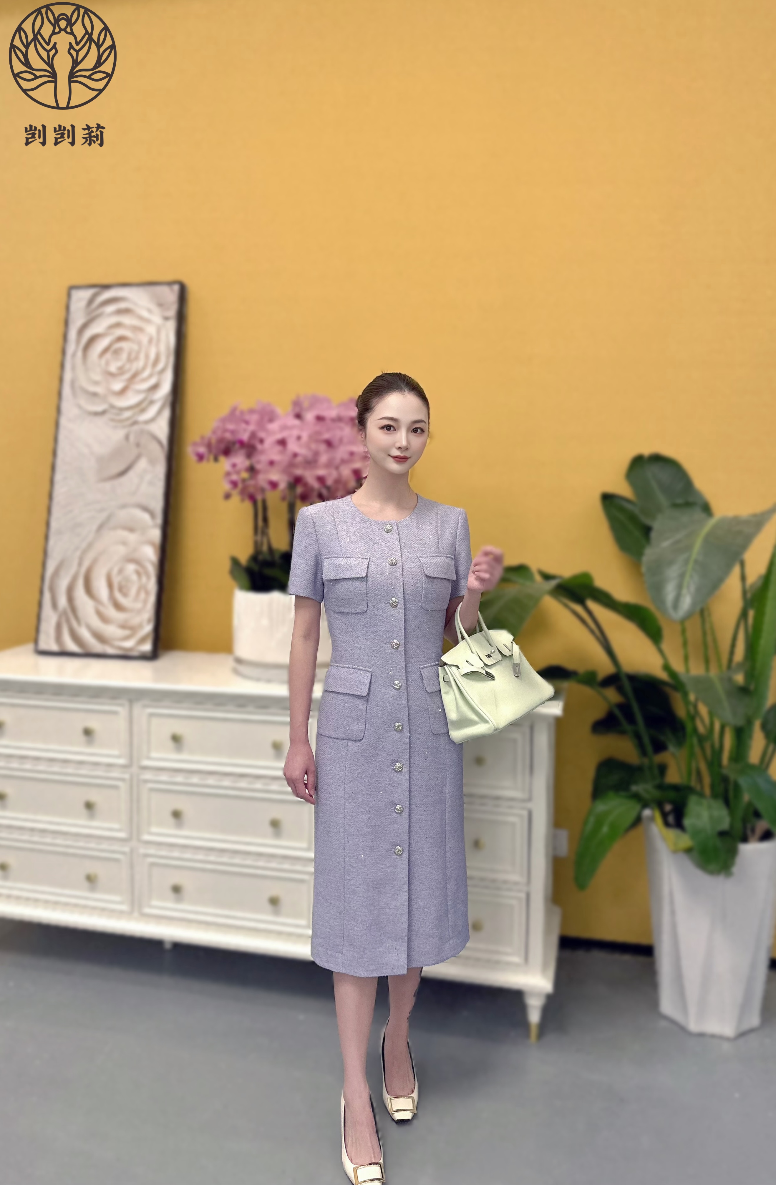 剀剀莉（曼陀罗）夏季醋酸莱赛尔桑蚕丝绵羊毛混纺紫色小香风连衣裙