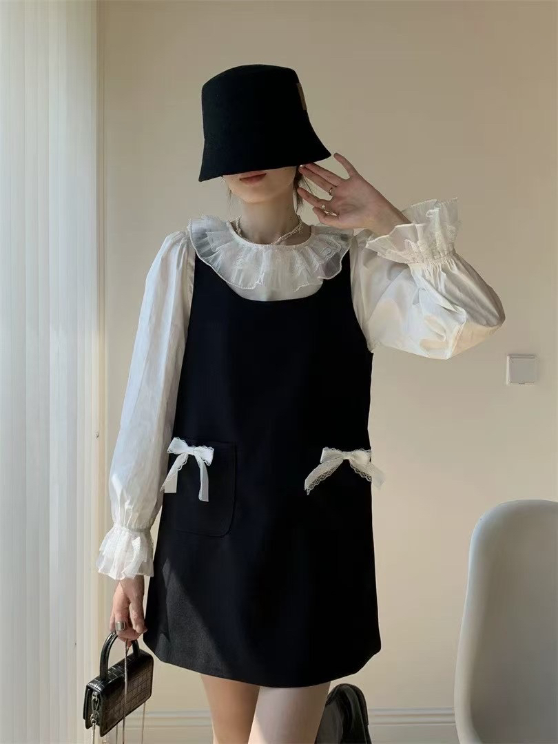 大码小香套装法式娃娃领蕾丝边喇叭袖衬衫背心裙2778