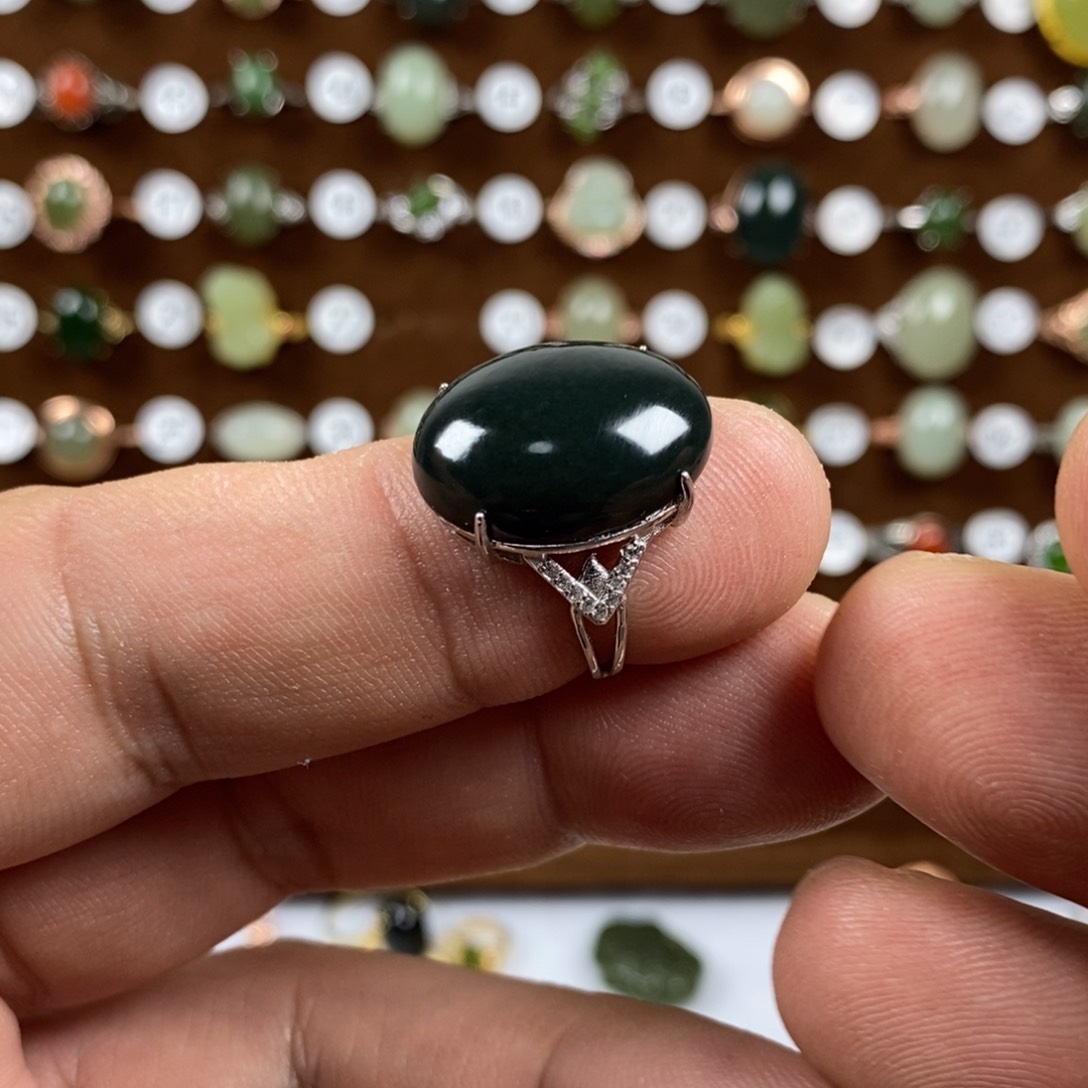 和田玉（青玉）戒指银S925镶嵌