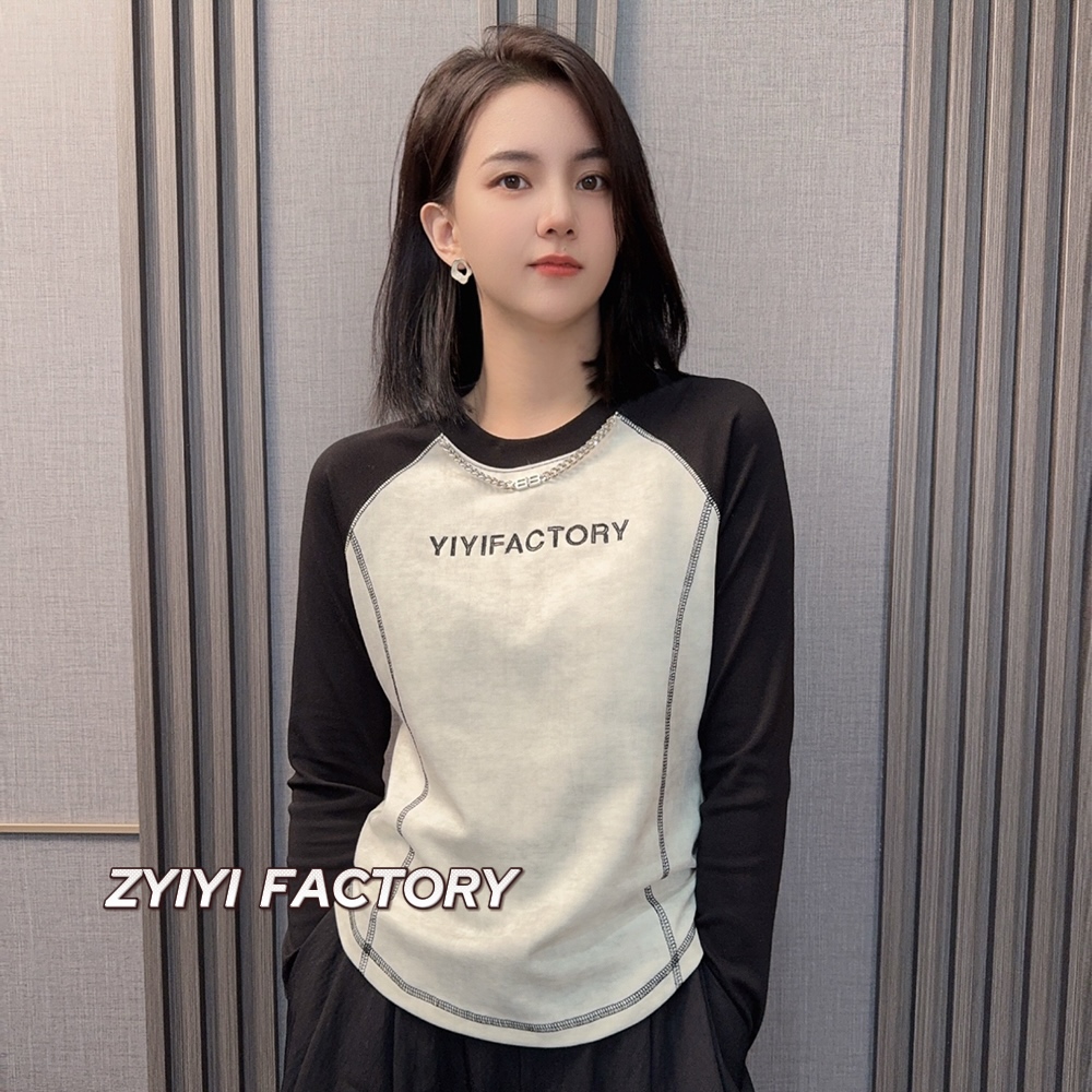 【简约拼接】假两件时尚韩版长袖T恤圆领休闲百搭拼接上衣女打底衫