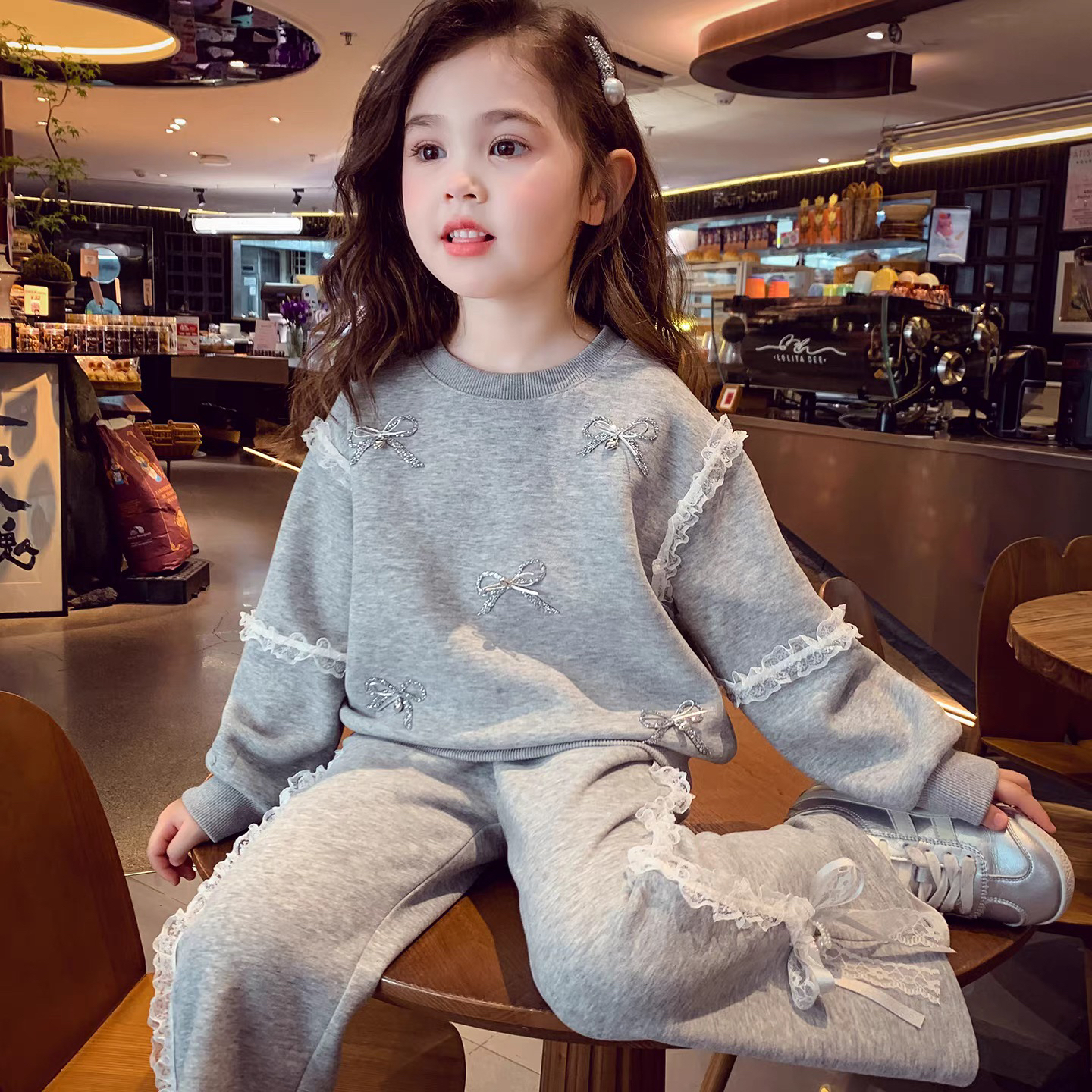 加绒加厚甜美风套装韩版秋冬款厚款运动女童冬季宽松套装女