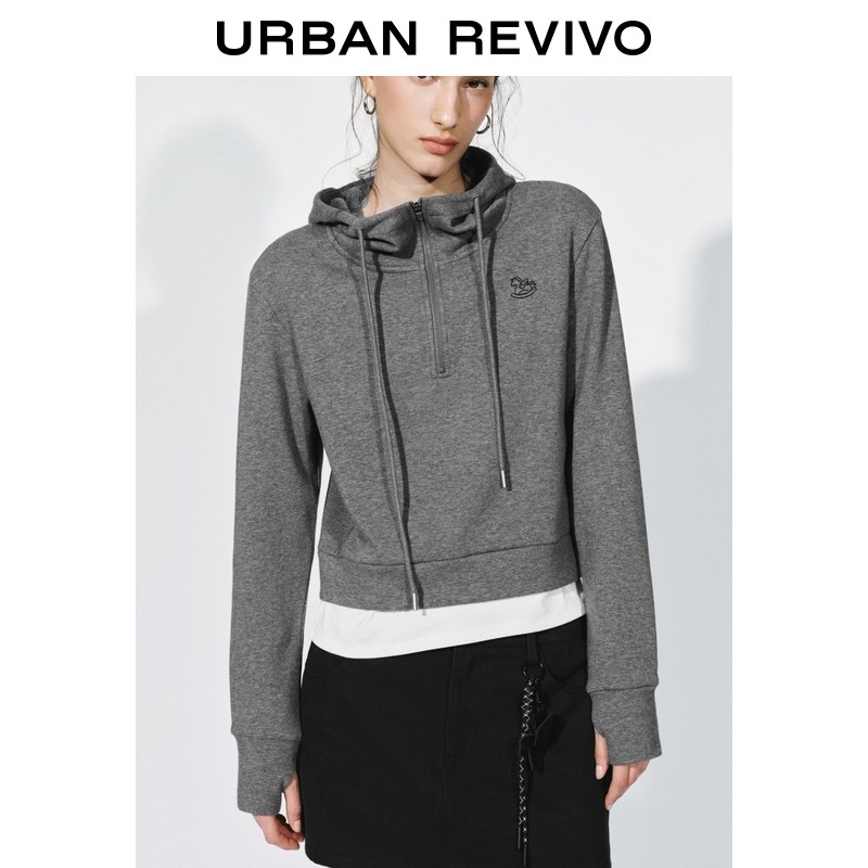 UR2026春季新款女装潮流连帽抽绳刺绣假两件卫衣UYV460010