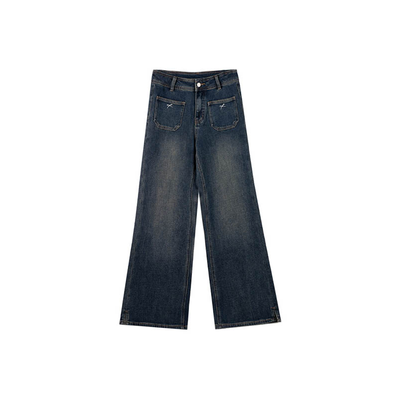 （女装）8204 蓝色高腰显瘦刺绣蝴蝶结喇叭开叉牛仔裤