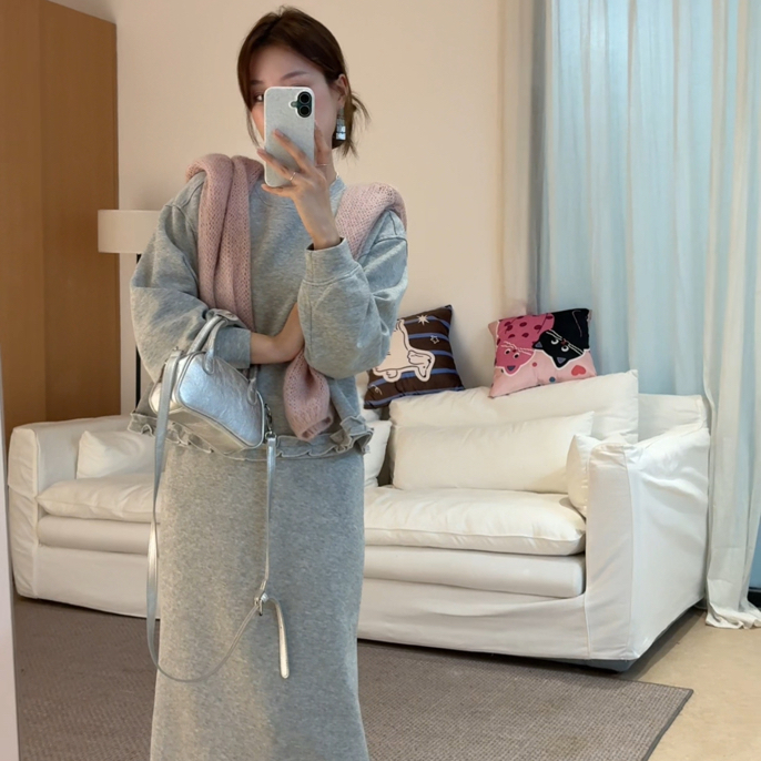 （满分套装）2025秋季新款修身显瘦两穿卫衣女中长款卫裙