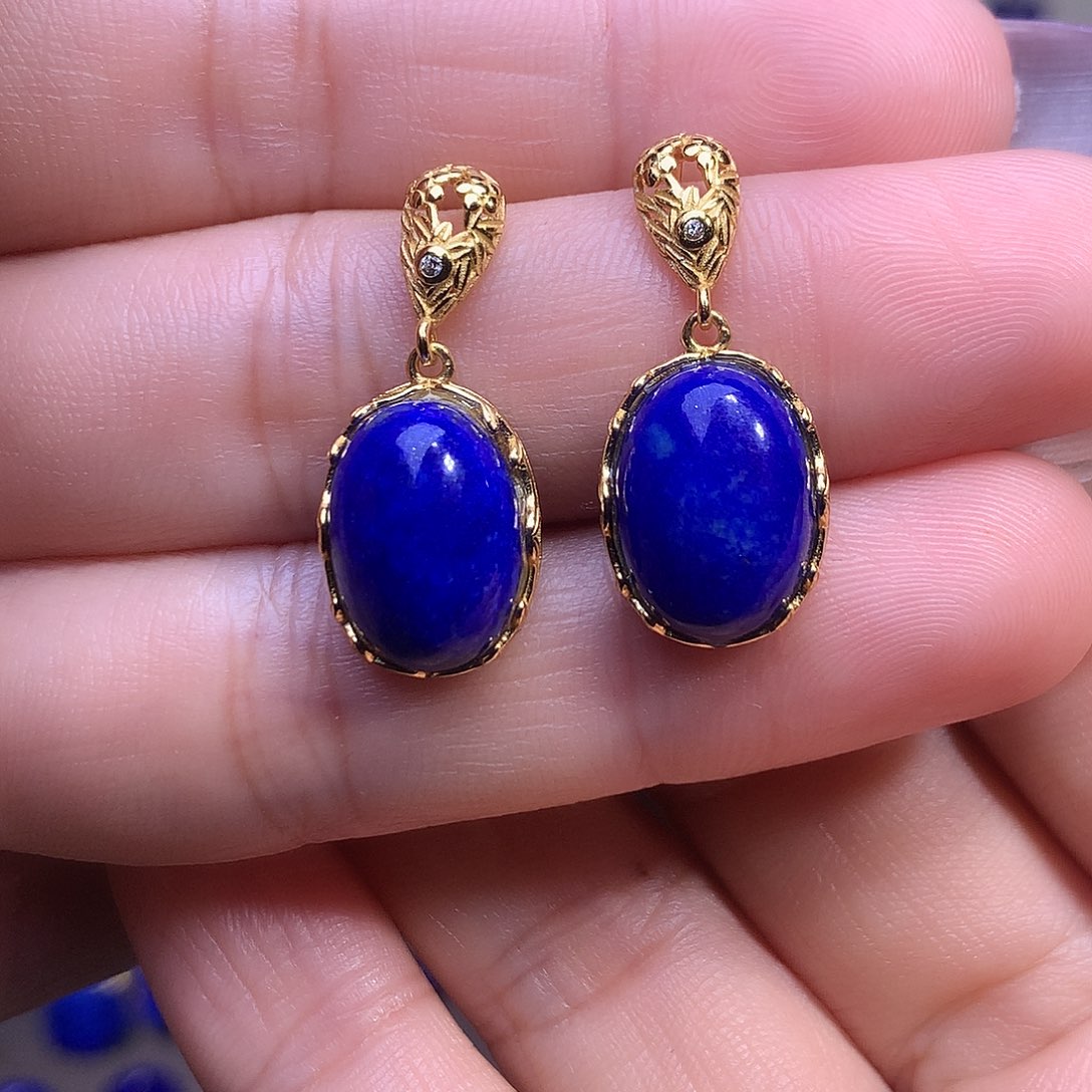 青金石银S925镶嵌耳饰