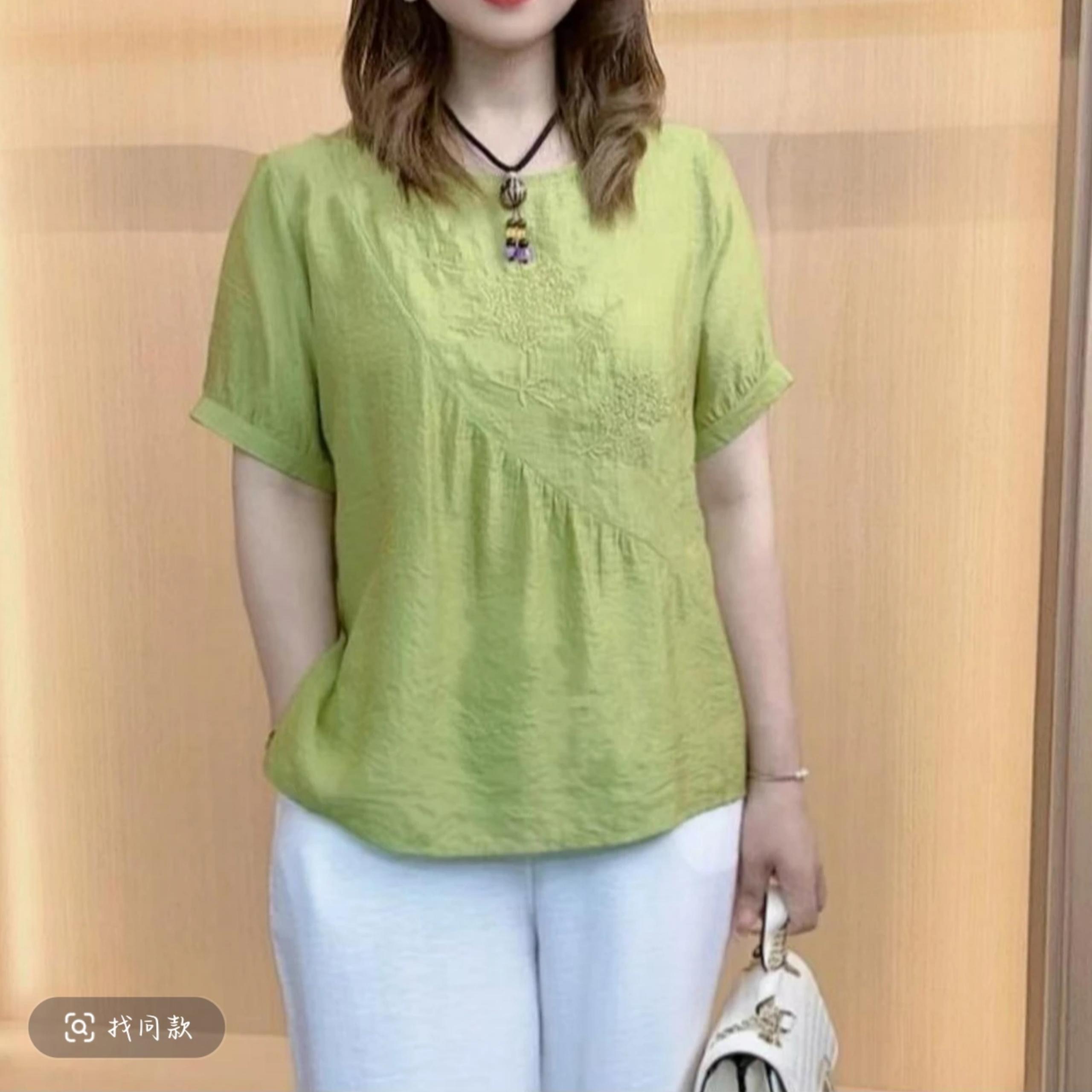 2025夏季新款冰丝刺绣百搭宽松妈妈上衣小衫薄款起皱冰丝绉上衣女