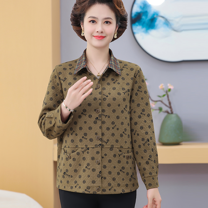中老年妈妈装奶奶装春秋款格子领经典复古鱼骨图案厚衬衣薄外套