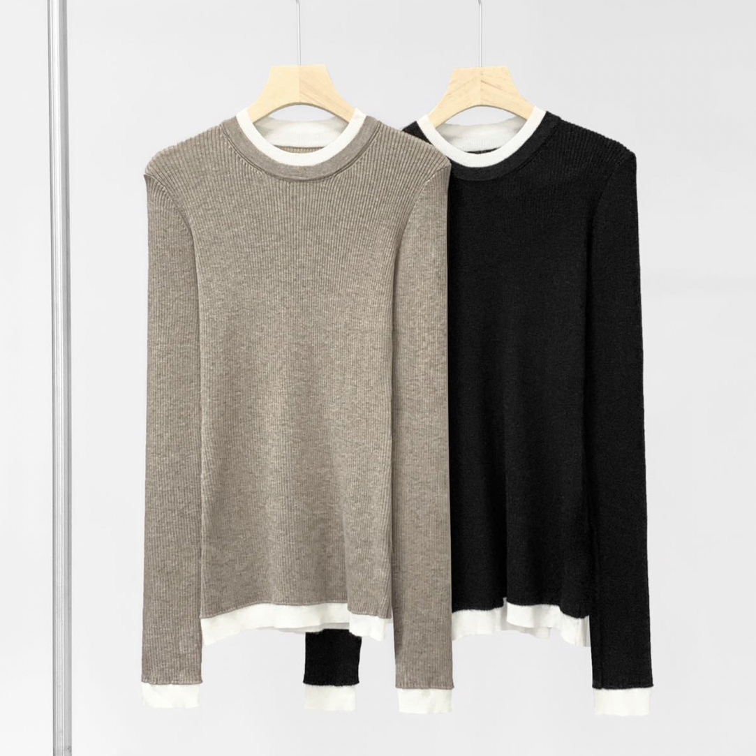 清福利【羊毛针织衫】秋冬拼接撞色圆领叠穿修身打底内搭长袖T恤