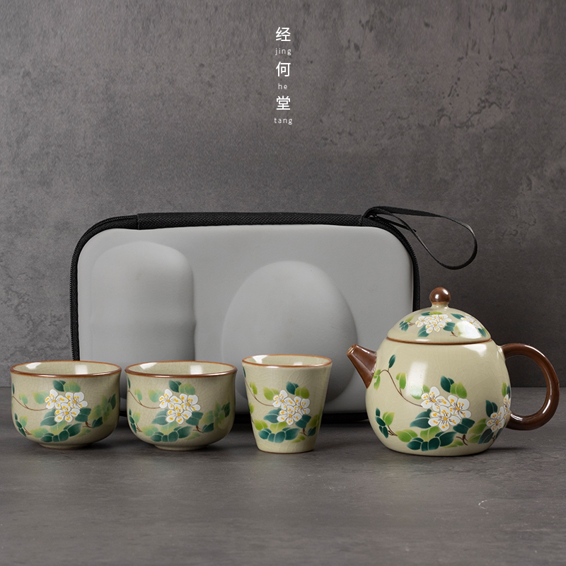 汝窑山茶花手把壶带杯可养开片家用陶瓷茶壶旅行茶具户外茶具