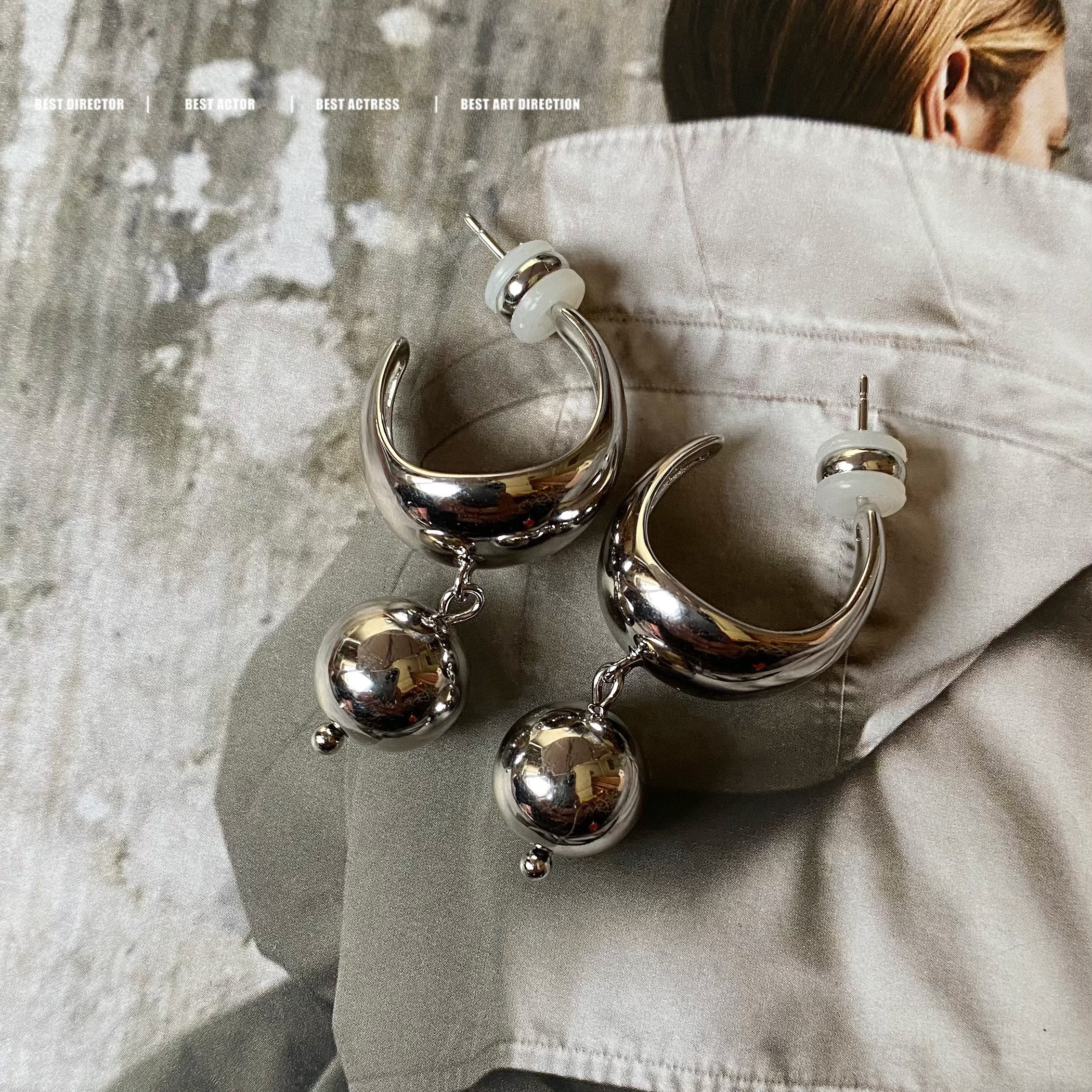 黄铜耳饰 轻奢简约冷淡风银色珠珠耳环0029