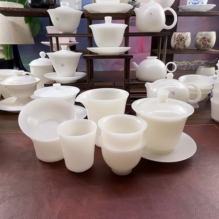 隐唐窑/璞玉素烧自生釉150ml马蹄盖碗10件套装