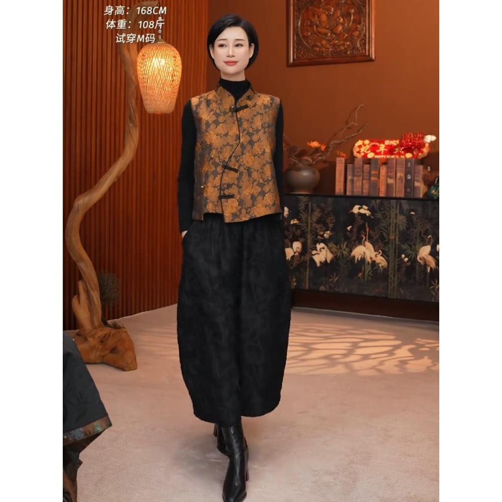 国风香云纱时尚套装女2025春秋新款中式真丝缎提花马夹缎面上衣