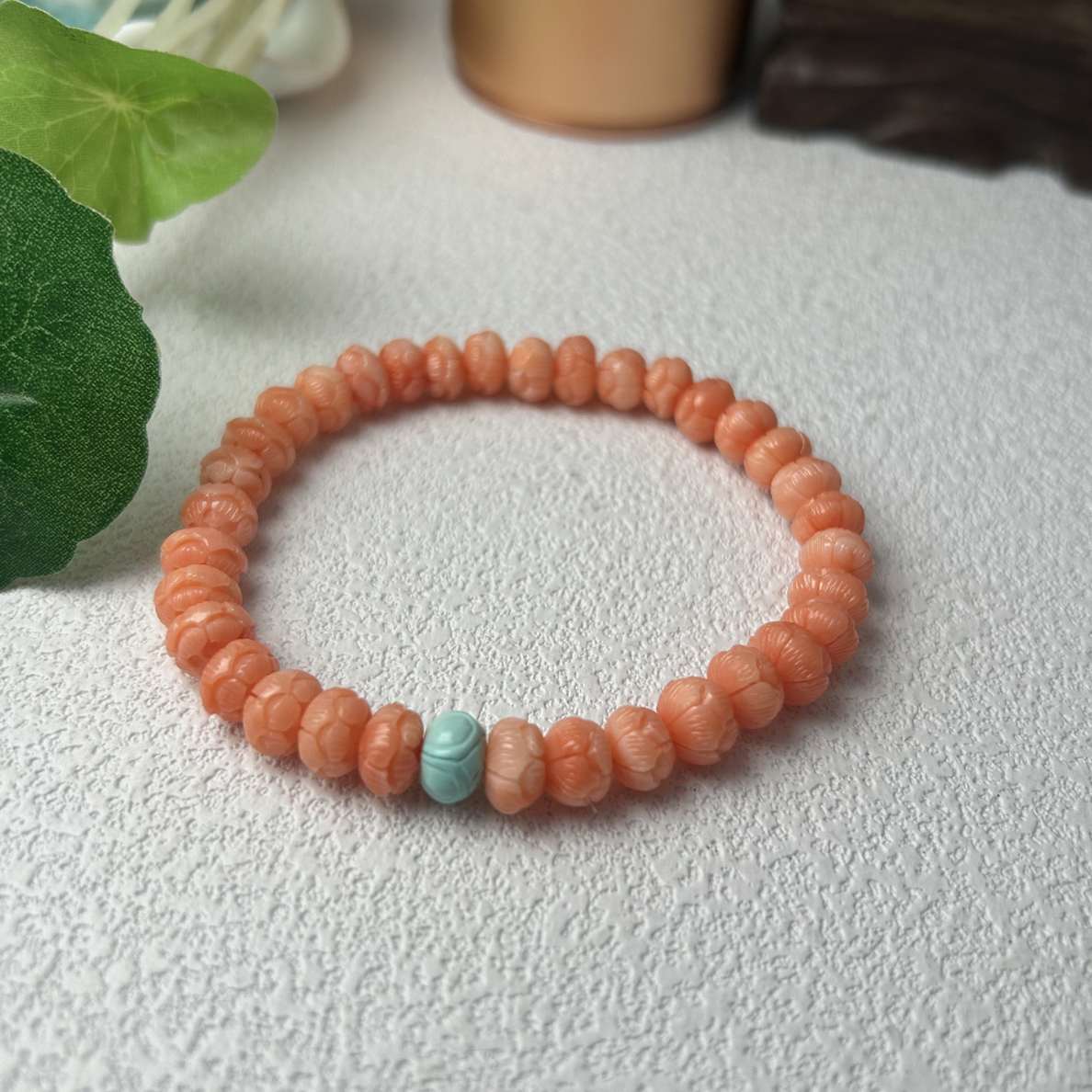 2700天然绿松石原创莲花珠手链，8mm左右