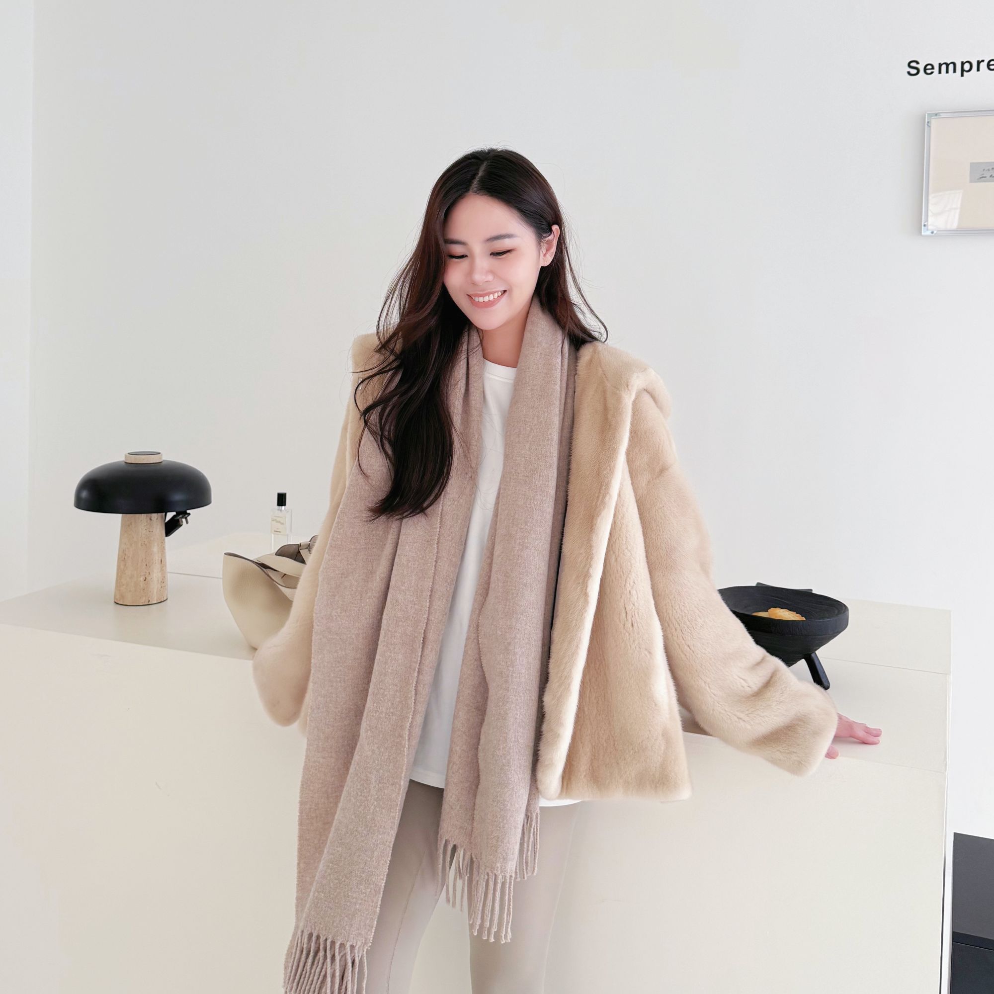 【菲斯贝拉】长款连帽挽袖宽松慵懒风丹麦进口短二水貂外套