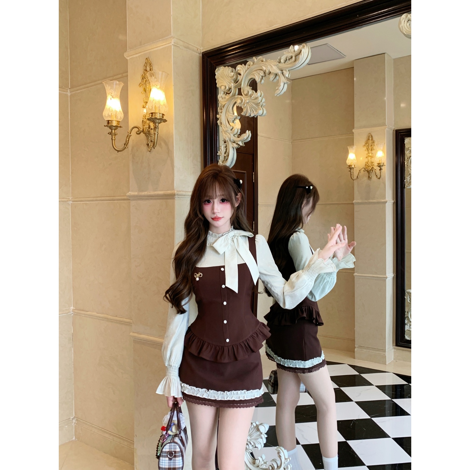 越韩小鱼 抹茶可露 千金风收腰假两件拼色上衣半裙显瘦法式套装女