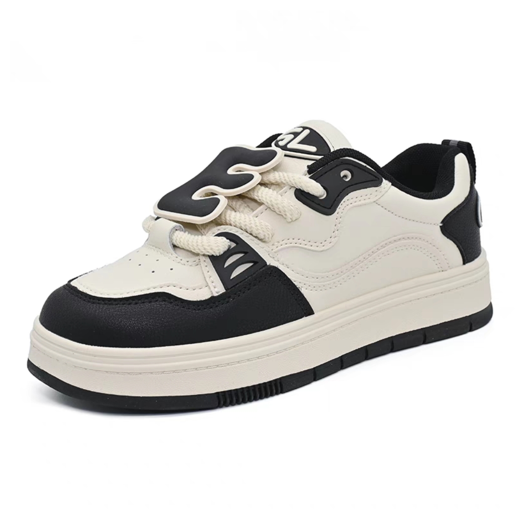 2025春季新款时尚休闲简约平底系带中跟圆头小白鞋24Q7541