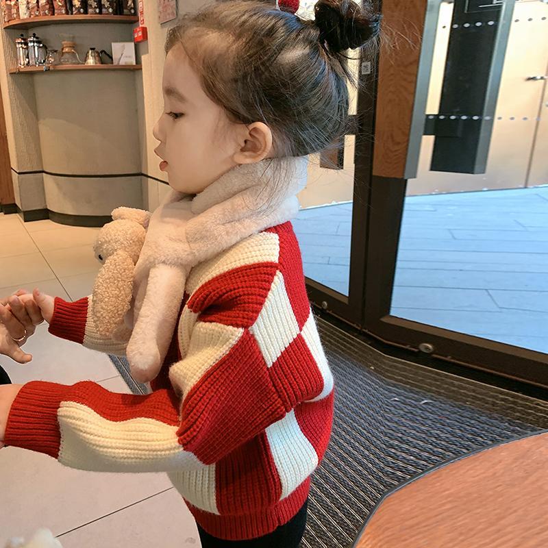 女童毛衣加厚加绒2025新款格子上衣女宝洋气冬季套头针织衫保暖