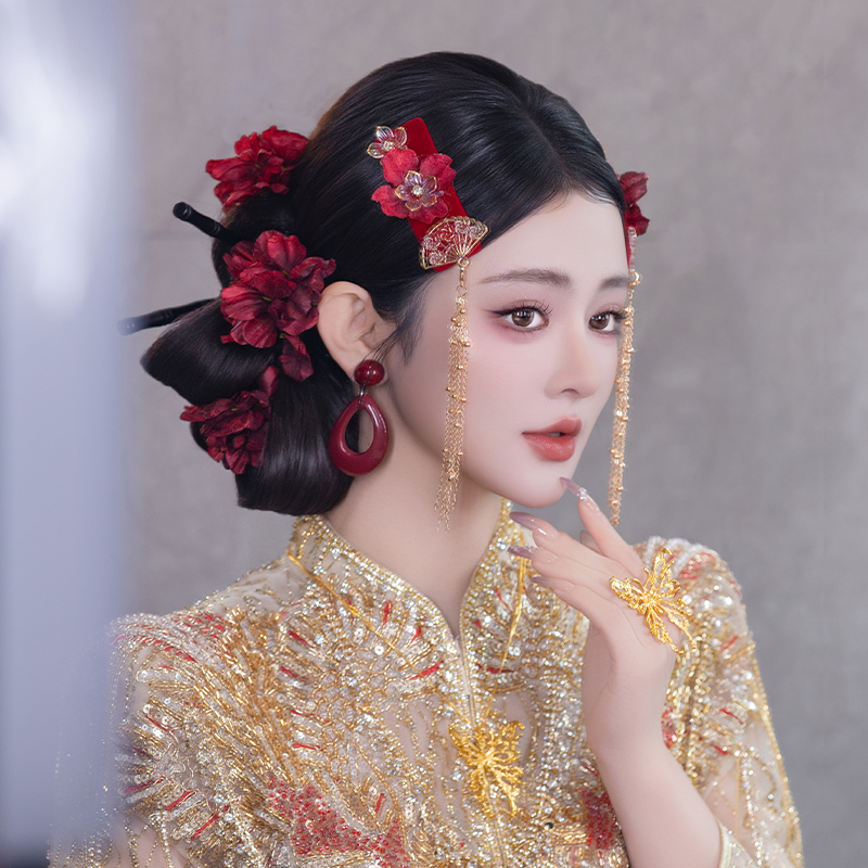 合金婚庆饰品 新中式金色扇子流苏发夹新娘酒红色旗袍配饰MT2572