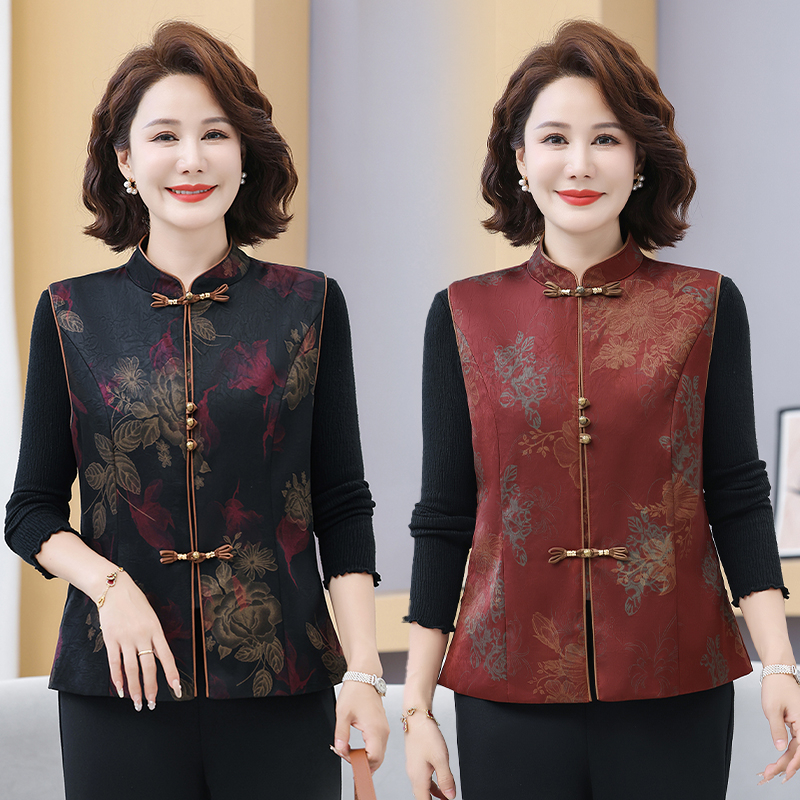 中老年妈妈装国风秋季印花马甲复古中老年气质洋气女装