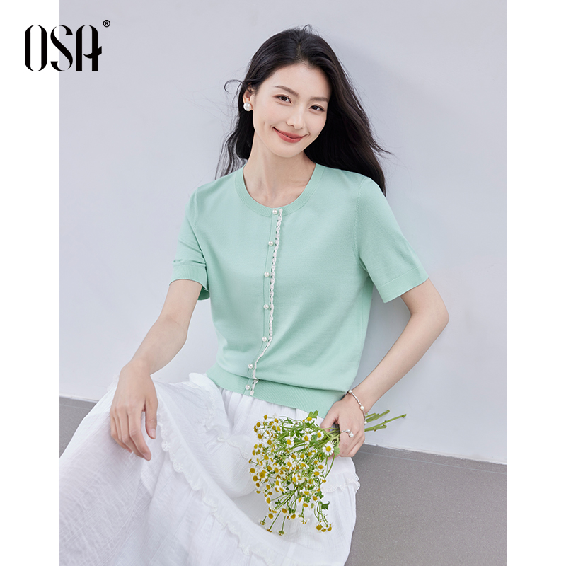 【新东方专属】欧莎撞色复古小花边显瘦薄套头上衣S125B16040