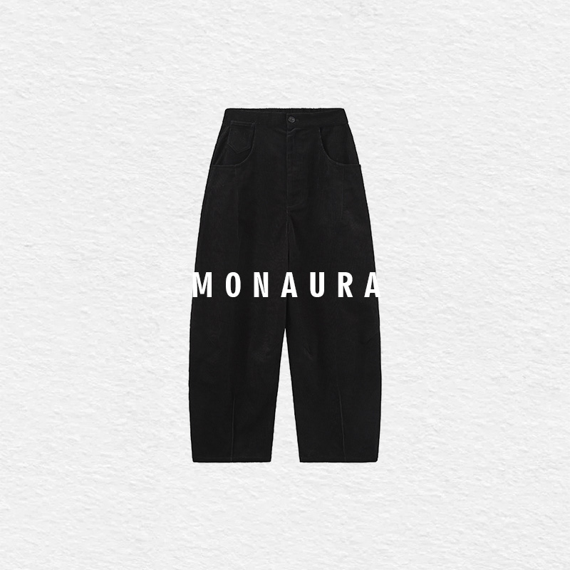 MONAURA【街头旅者】梭织休闲百搭黑色通勤风小弯刀高腰长裤9910