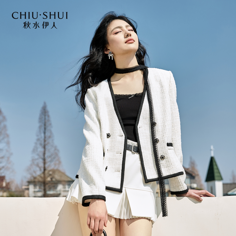 【丽公主】秋水伊人V领双排扣短外套女撞边外套625101E070286