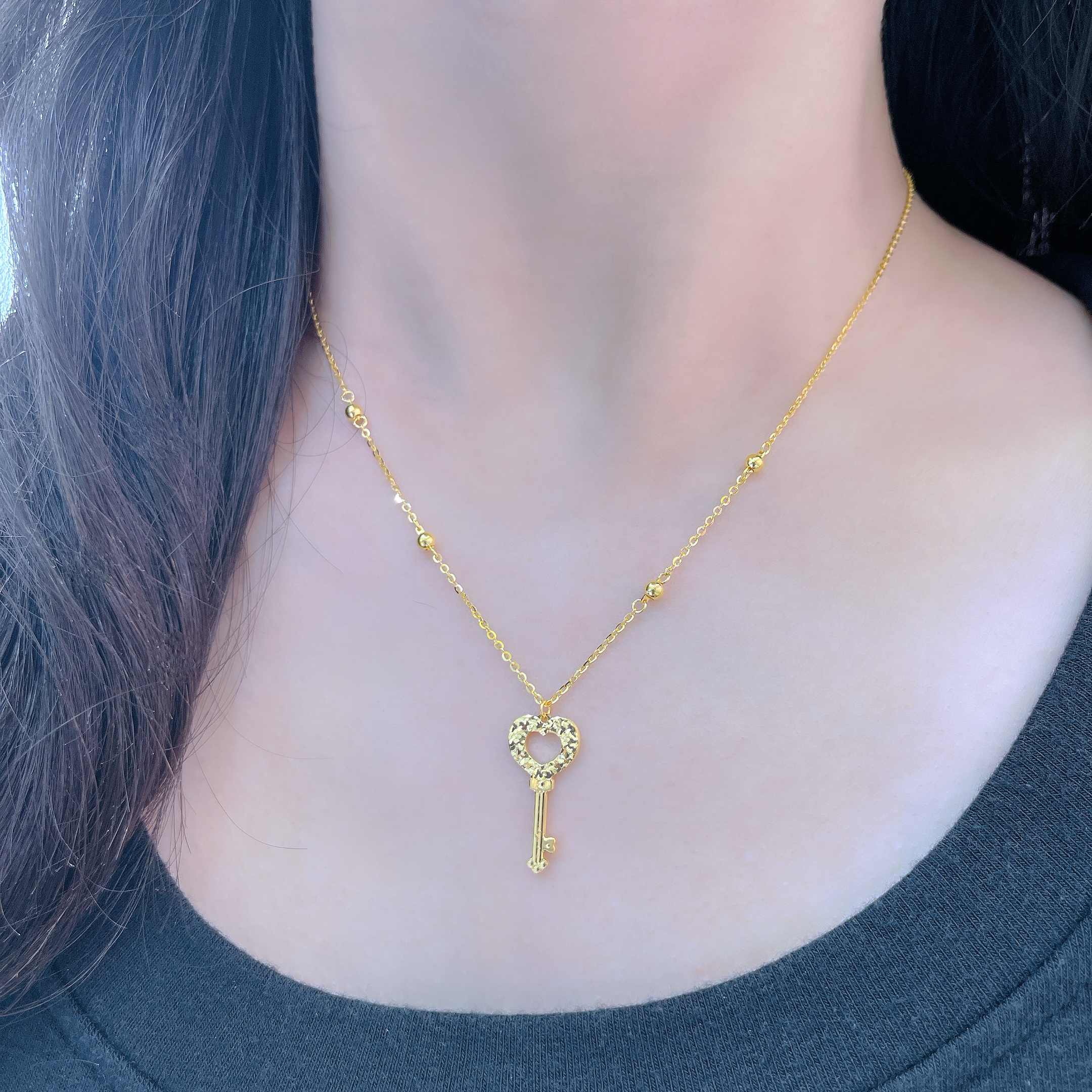 5G足金999气质时尚碎金爱心钥匙套链