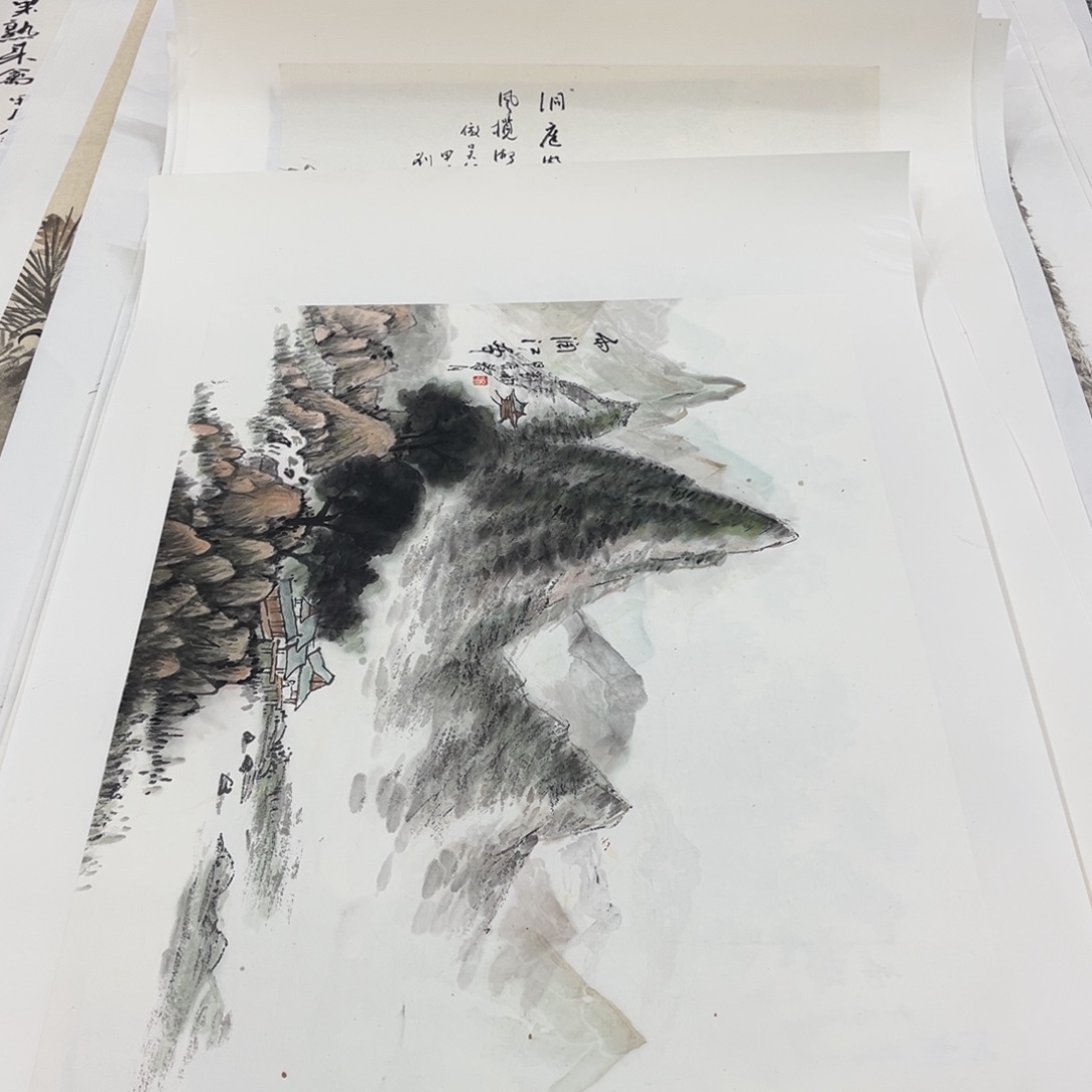 国画刘松老师四尺三开绘画带托底