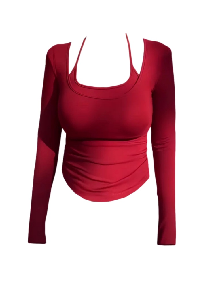 Amy家 微胖mm纯欲风假两件长袖T恤女秋冬季内搭修身显瘦打底上衣