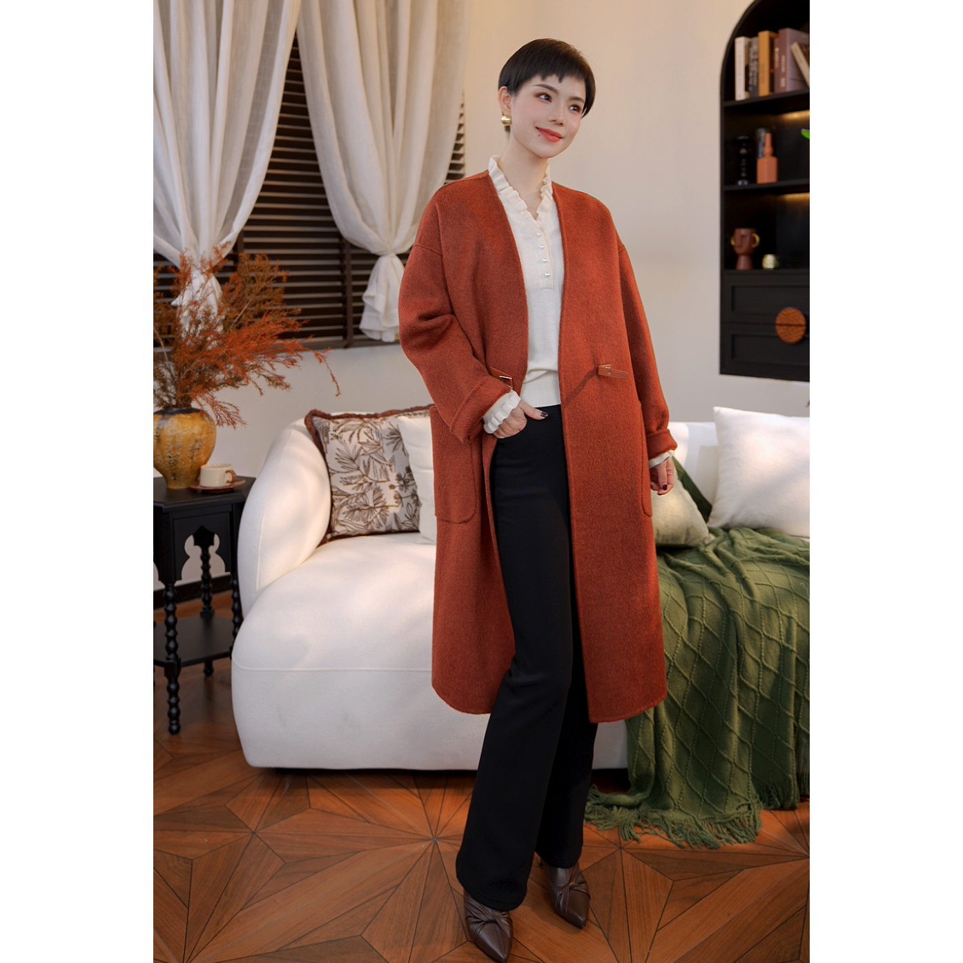 【橙蜜客】焦糖暖意 高定质感毛呢大衣通勤吸睛外套2554D000656